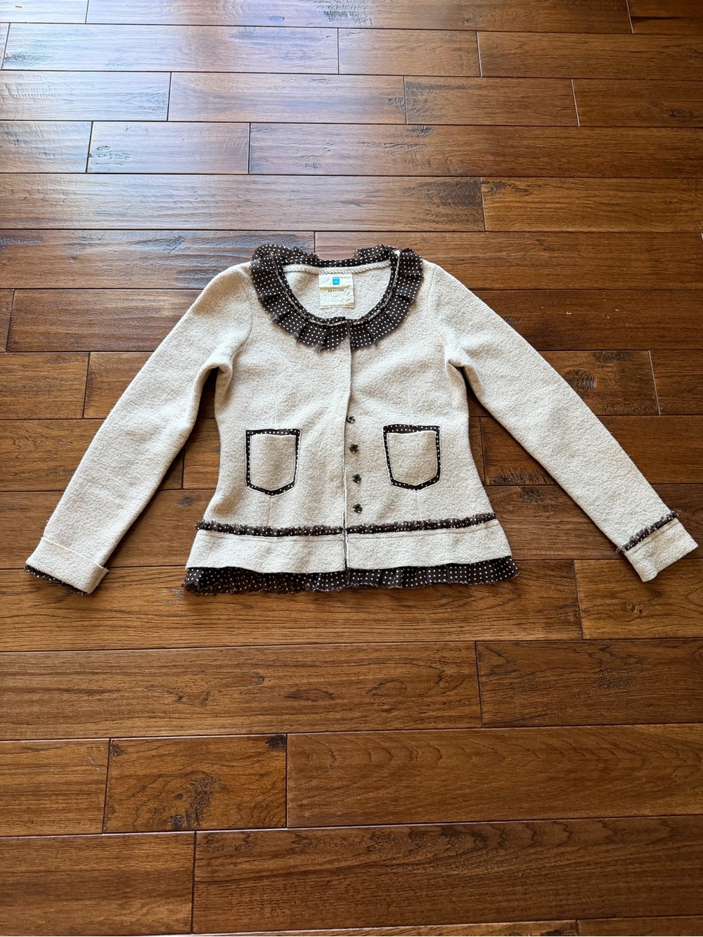 sparrow Anthropologie Cream women’s Cardigan with Brown Polka-Dot Trim